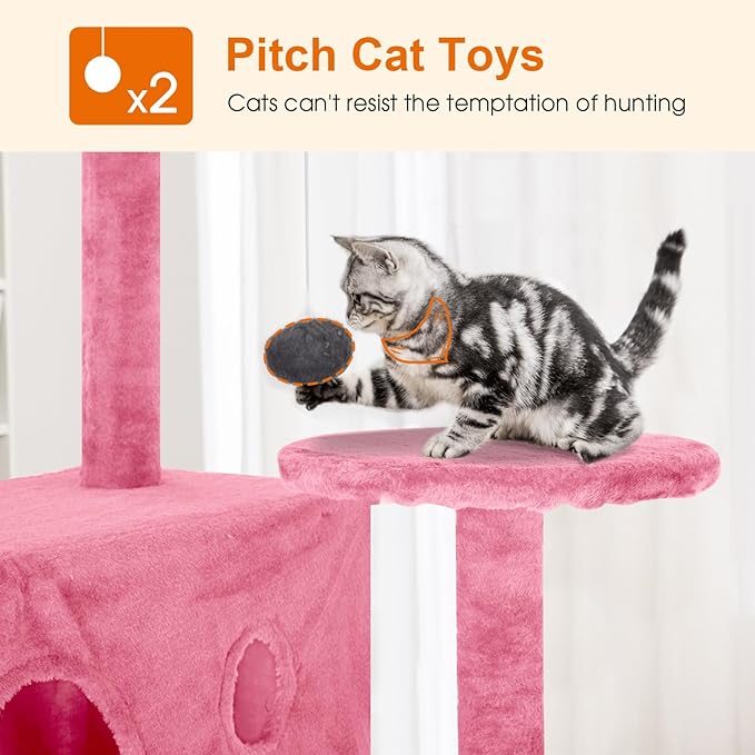 Cat Tree 69.3 inches Cat Tower for Indoor Cats Cat House with Replaceable and Removable Dangling Ball Cat Trees and Towers with Funny Toys, Pink