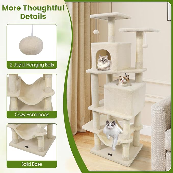PETSITE 57-inch Modern Cat Tree, Multi-Level Cat Tower with 2 Comfy Condos, Sisal Scratching Posts, Plush Top Perch, Snug Hammock, and Dangling Balls, Ideal for Indoor Cats and Kittens (Beige)