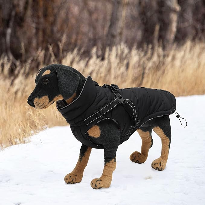 Geyecete Winter Warm Coat Waterproof Jacket with Harness Traction Belt,Pet Outdoor Jacket for Medium, Small Dogs - Black