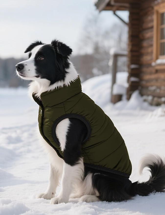 AURUZA Dog Winter Coat, Warm Waterproof Dogs Jacket Small Pet Vest for Medium Dogs Windproof Pet Fleece Vest Snow Jacket for Cold Weather(Army Green,L)