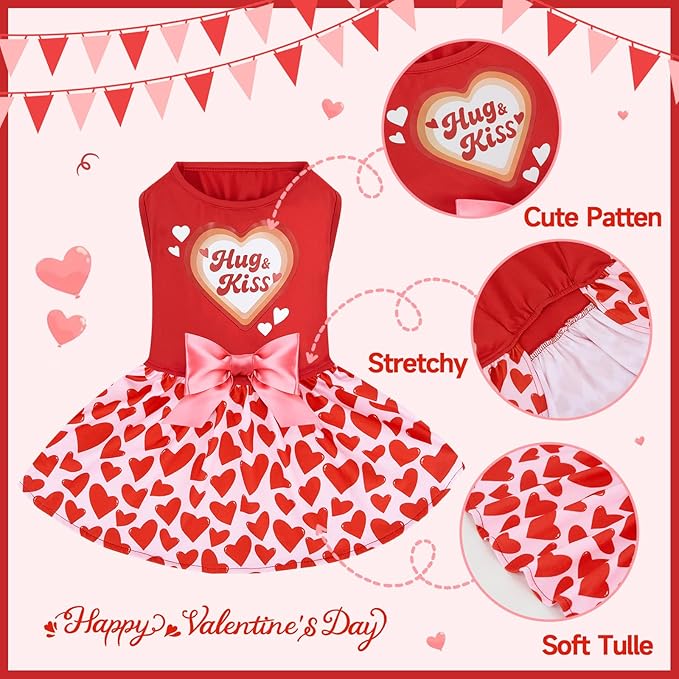 XPUDAC Valentine Dog Dress Heart Print Dog Dress for Small Dogs Girls Holiday Party Tulle Puppy Outfit Cat Apparel-XS