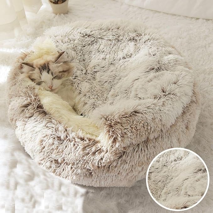 Cat Bed Round Fluffy Hooded Cat Bed Cave, Anti-Anxiety Cave Bed with Hooded Blanket, Cozy Cuddler Luxury Puppy Pet Bed, Anti-Slip Bottom and Machine Washable (Coffee, Large)