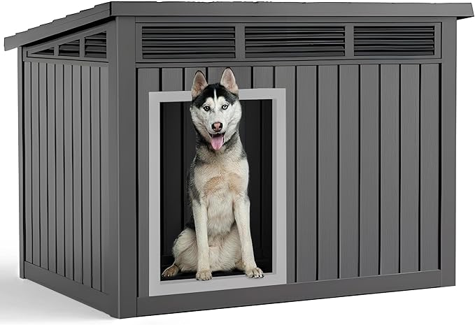 VIXZEN Dog House Outdoor - 42 Inch Weatherproof Doghouse with Openable Roof for Easy Cleaning, Indoor Dog House Medium Size Dog with Spacious Interior & Slanted Roof, Doghouse Outdoor (Black)