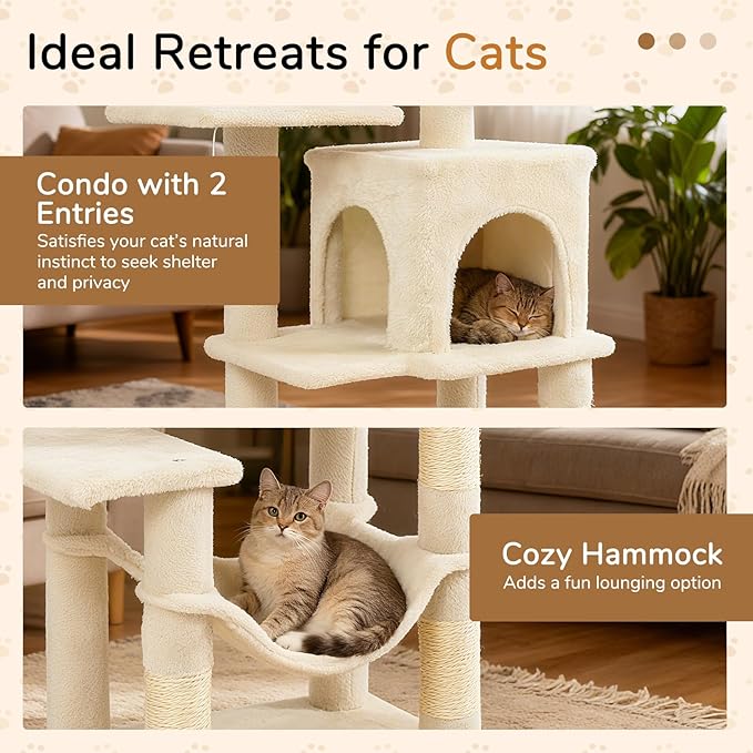 DORTALA Cat Tree for Indoor Cats, 44" Modern Cat Tower with Top Perch, Condo, Hammock, Sisal Scratching Posts, Dangling Balls, Platforms, Multi-Level Pet Climbing Furniture Playground (Beige)