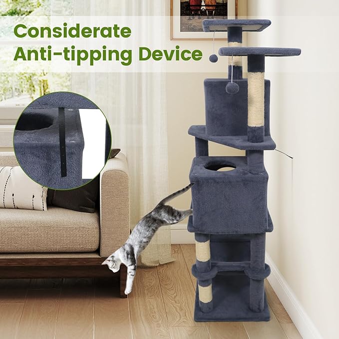 PETSITE 57-inch Modern Cat Tree, Multi-Level Cat Tower with 2 Comfy Condos, Sisal Scratching Posts, Plush Top Perch, Snug Hammock, and Dangling Balls, Ideal for Indoor Cats and Kittens (Dark Grey)