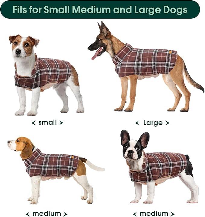 Kuoser Waterproof Dog Coat, Reversible Dog Jacket for Large Dogs, Adjustable Durable Doggie Winter Coat for Groowing Puppies Warm Puppy Cold Weather Apparel, Brown L