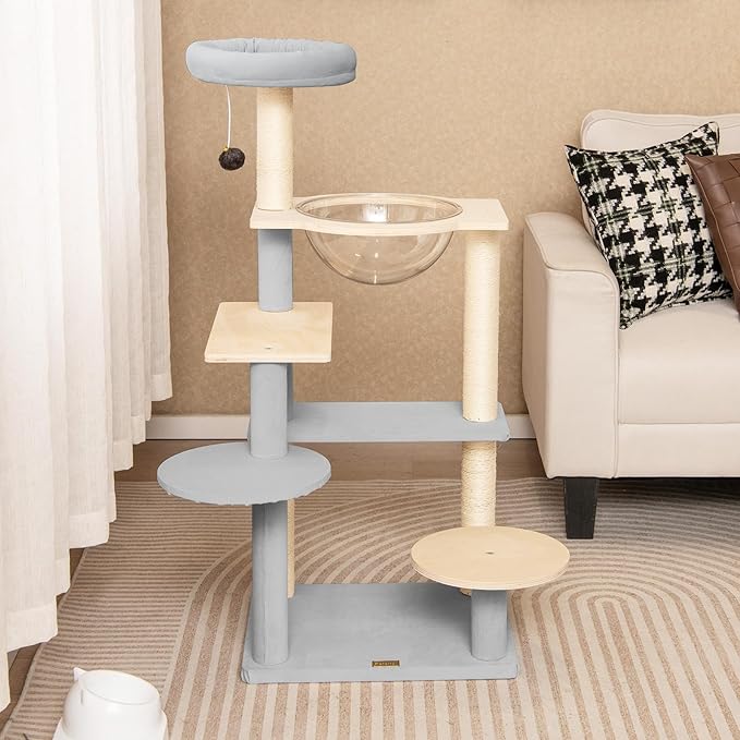 PETSITE 44 Inch Modern Cat Tree, Multi-Level Cat Tower with Sisal Scratching Posts, Space Capsule, and Dangling Toy with Bell, Wooden Cat Tree Tower for Indoor Cats, Grey