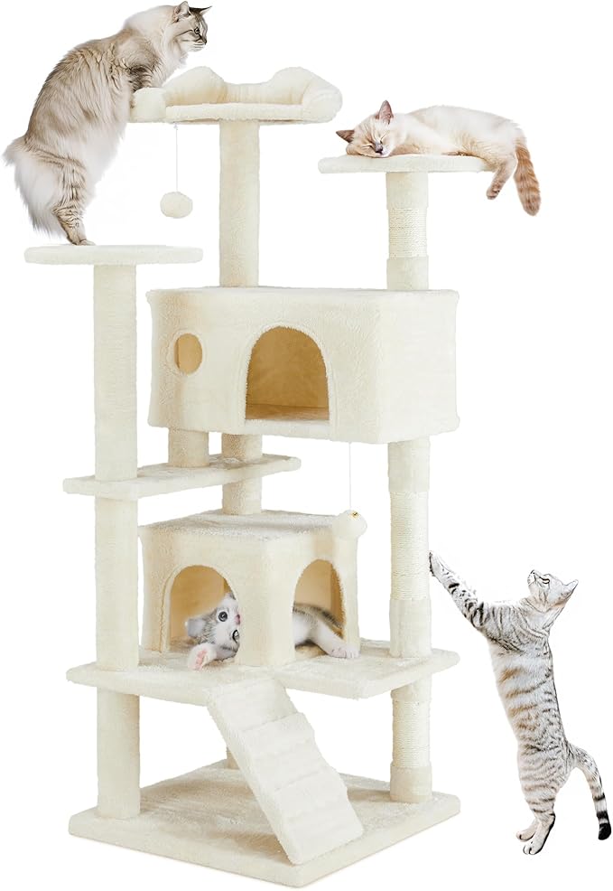 54 Inches Cat Tower Condo Furniture, Cat Tree for Indoor Cats, Cozy Hammock and Sisal Scratching Posts, Multi-Level Durable Cat Tree for Kittens Pet House Play, Detachable, Beige