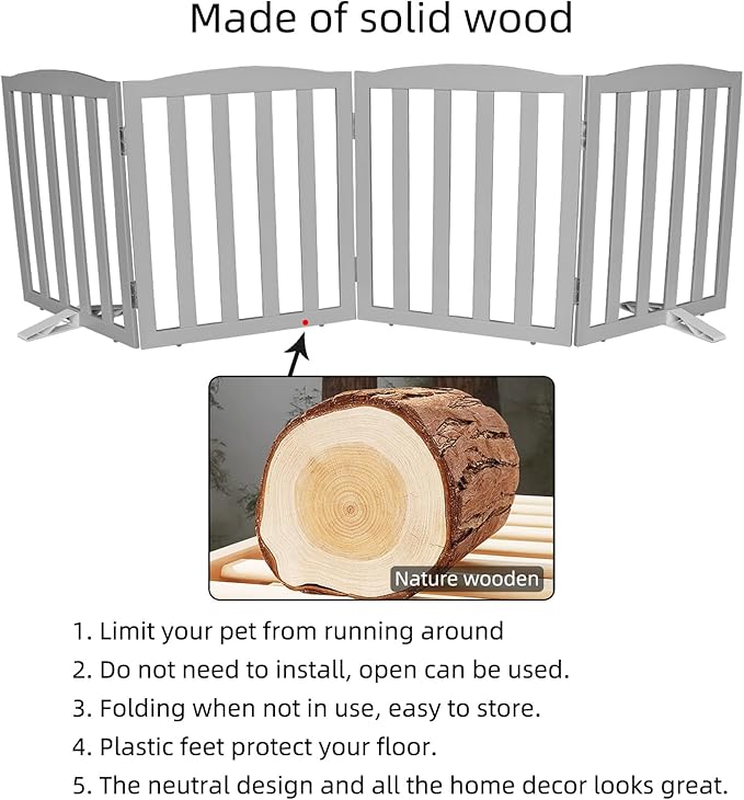 Freestanding Dog Gate Indoor,Doggie Gate Foldable Pet Gates for Doorways,Stairs or Hallways, Wooden Grey Pet Gate for the House, Pet Fence with Support Feet Included,24 "Height-4 Panels