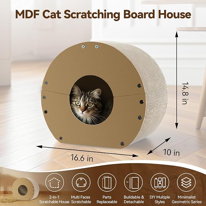 Cat Scratcher House, Cozy Cardboard Design, Safe and Secure for Kittens, Eco-Friendly,Plain Board (Circle)