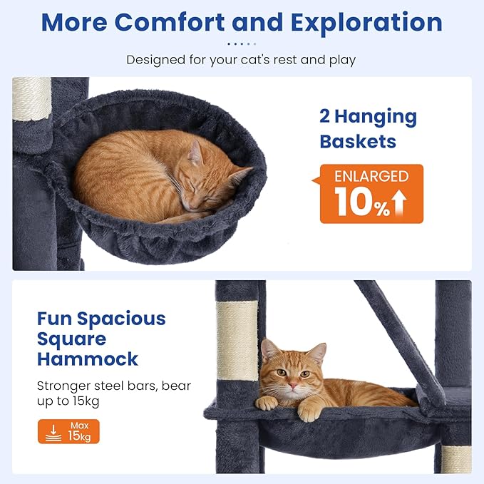 Cat Tree 82 in Multi-Level Cat Tower for Indoor Cats, Heavy Duty Large Cat Tree with Sisal Scratching Posts, Hammock, 2 Perches, 2 Condos, 2 Hanging Baskets, Dark Grey