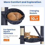 Cat Tree 82 in Multi-Level Cat Tower for Indoor Cats, Heavy Duty Large Cat Tree with Sisal Scratching Posts, Hammock, 2 Perches, 2 Condos, 2 Hanging Baskets, Dark Grey
