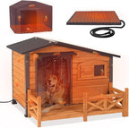 GUTINNEEN Large Heated Dog House Outdoor Insulated Dog Kennel with Safe Heating Pad, Chew-Proof Metal Frame and 6-Sided Insulated Liner for Medium to Large Breeds, 44.6" L x 41.1" W x 32.9“H (Brown)