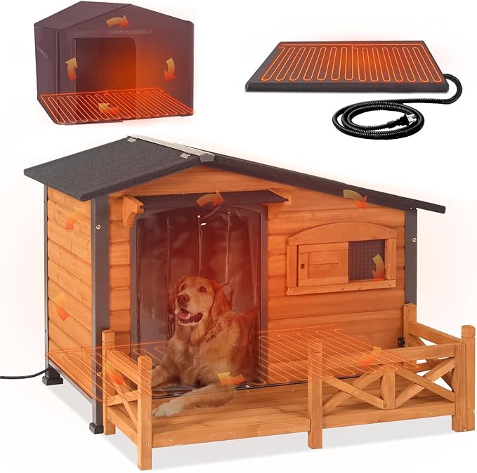 GUTINNEEN Large Heated Dog House Outdoor Insulated Dog Kennel with Safe Heating Pad, Chew-Proof Metal Frame and 6-Sided Insulated Liner for Medium to Large Breeds, 44.6" L x 41.1" W x 32.9“H (Brown)