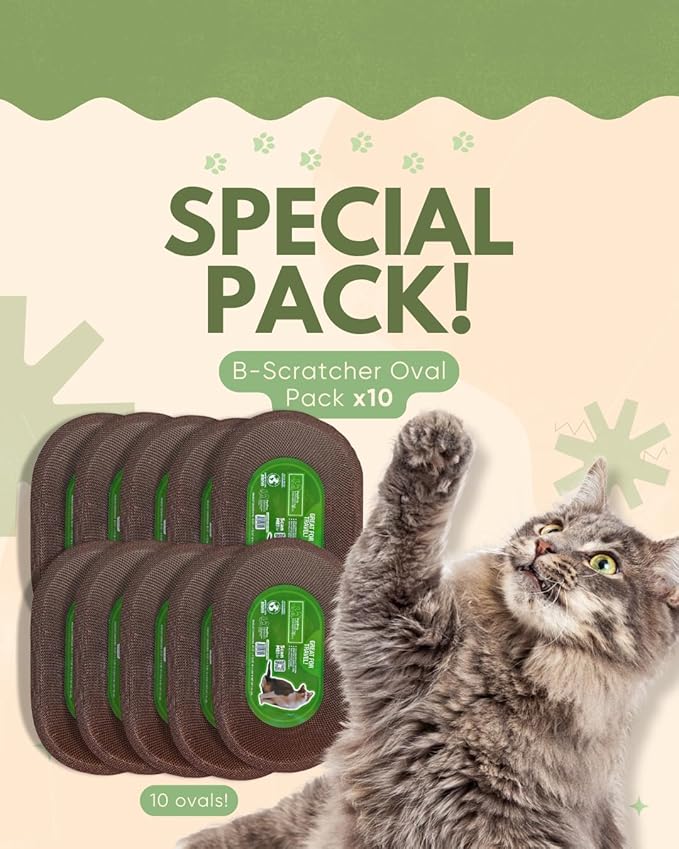 Cardboard Cat Scratchers Pack, Long-Lasting Cardboard Cat Durable Scratching Pads to Protect Furniture, Sturdy Corrugated Design, Safe for Claws (B-Scratcher Oval Pack x 10)