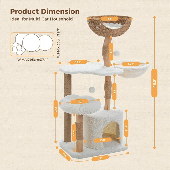 PEQULTI 48.5'' Modern Cat Tree for Large Indoor Cats Solid Wood Cat Tower with Luxury Cat Condo, Cozy Hammock, Scratching Post, Rattan Perch and Flower Cat Bed, White