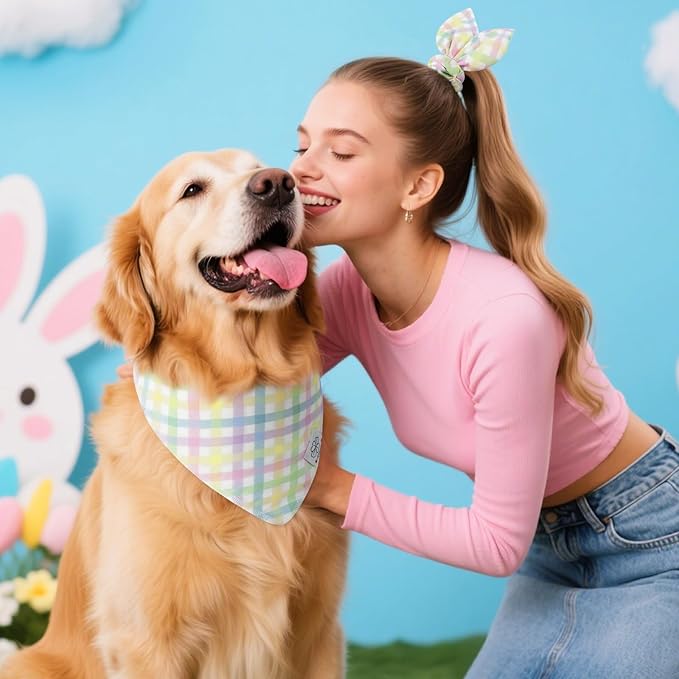 E-Clover Spring Easter Dog Bandanas & Matching Scrunchie Set Cute Girl Dog Scarf Bibs Pet Bandana with Bow Tie for Small Dogs Puppy Owner Mom Colorful Plaid