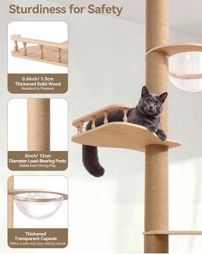 PawGiant Floor to Ceiling Cat Tree, Cat Tower with Adjustable Height 106-110", Sturdy 6-Tier Cat Climbing Stand with 2 Space Capsules & Scratching Posts, No Drilling for Indoor Multi-Cats