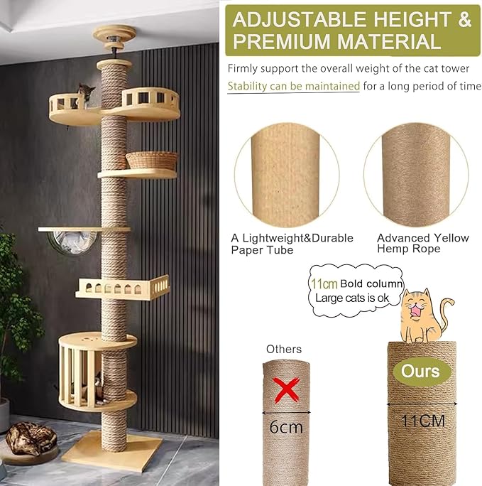 Mekidulu Floor to Ceiling cat Tree - Cat Tree Floor to Ceiling，Adjustable Height,Tall cat Tree with Width 4.33 in Scratching Post,Cat Hammock,Fully Wrapped with sisal Rope(240～250cm, 265-275cm T03)