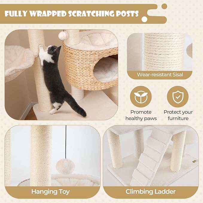 PETSITE 50 inch Cattail Cat Tree Tower, Multi-Level Cat Tower with Sisal Scratching Posts, Condo, Side Basket, Ladder, and Top Perch with Removable Soft Cushion, Modern Cat Tree for Indoor Cats