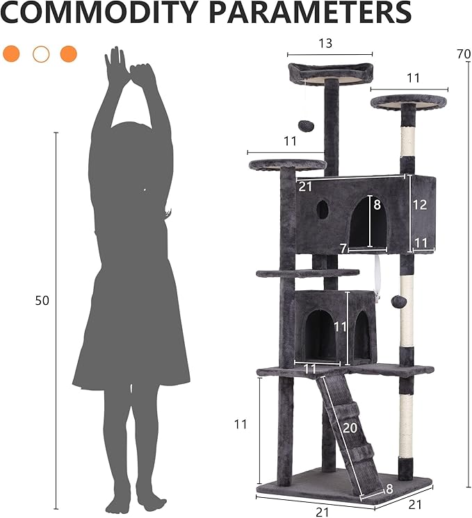 70 Inch Ashy Cat Tree, Tall Cat Tower with 2 Condos, 3 Scratching Posts, Multi-Level Platforms - Sturdy Climbing Structure Tall Cat Tower for Indoor Cats