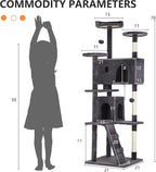 70 Inch Ashy Cat Tree, Tall Cat Tower with 2 Condos, 3 Scratching Posts, Multi-Level Platforms - Sturdy Climbing Structure Tall Cat Tower for Indoor Cats