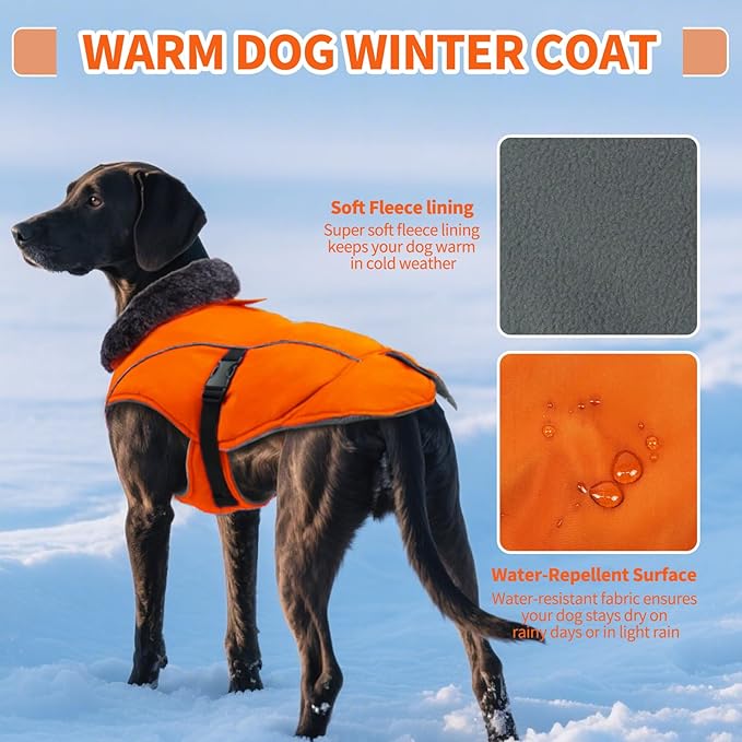DENTRUN Winter Warm Dog Coat Reflective Jacket with Turtleneck for Cold Weather, Adjustable Buckle Windproof Water Repellent, Thick Snowsuit Fleece Vest for Small, Medium, Large Dogs, Orange, M