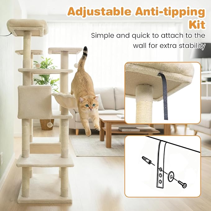Tangkula Tall Cat Tree, 63 Inch Large Cat Tower with Sisal Scratching Posts, Plush Top Perch, Condo, Hammock, Basket Bed, Dangling Balls & Jumping Platforms for Indoor Cats Large Adult (Beige)
