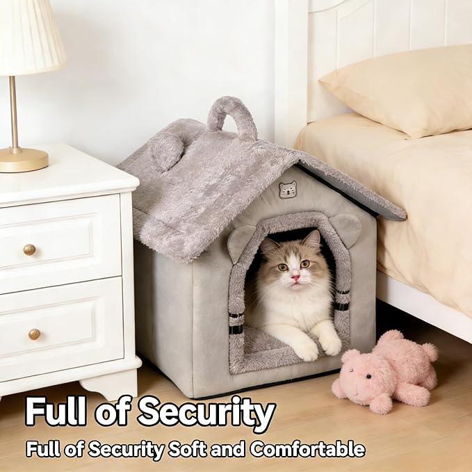 Lovely Cat Bed for Indoor Cats, Cartoon Pattern Cat Cave Bed with Handle Design, Soft Cat Hideaway Indoor Cat House for Kitten, Puppy & Small Pets (L)