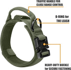 Tactical Military Collar - Adjustable Nylon, Heavy Duty Metal Buckle with Handle for Dog Training, with Patches (Green, M)