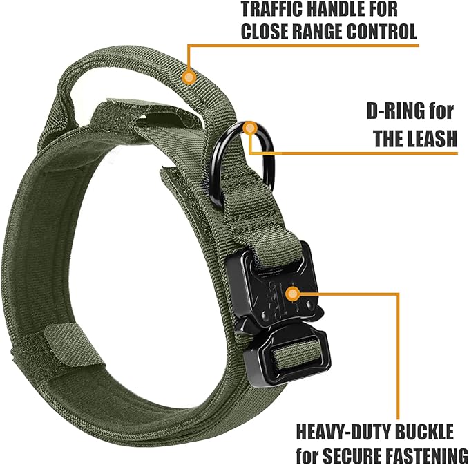 Tactical Dog Collar and Bungee Leash, Camo Military Dog Collar & Leash Set with USA American Flag Adjustable K9 Collar with Heavy Duty Metal Buckle & Handle,with Patches and Airtags Case (M, Green)