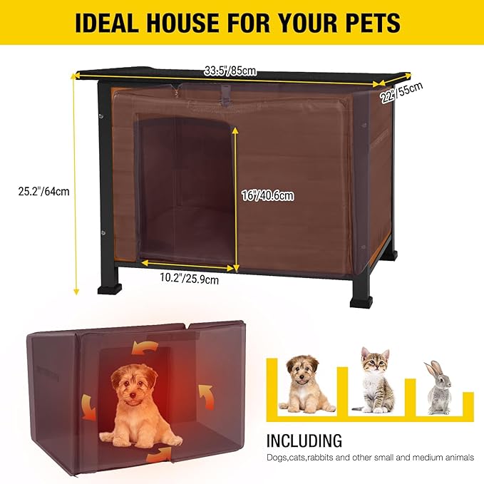 Aivituvin Heated Outdoor Dog House with Insulated Liner & Heating Pad Waterproof Dog Kennel for Winter Cat House for Small & Medium & Large Dogs,Cats,Unique All-Around Iron Frame