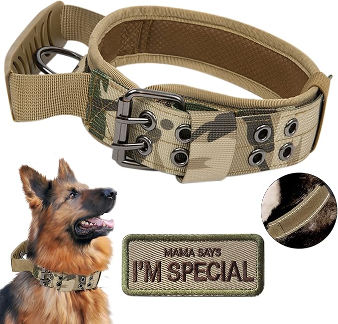 Tactical Dog Collar with Handle - Military Adjustable Dog Training Collar Soft Nylon and Heavy Duty Metal Buckle for Medium Large Dogs - with Patch (Camo with Patch, X-Large)