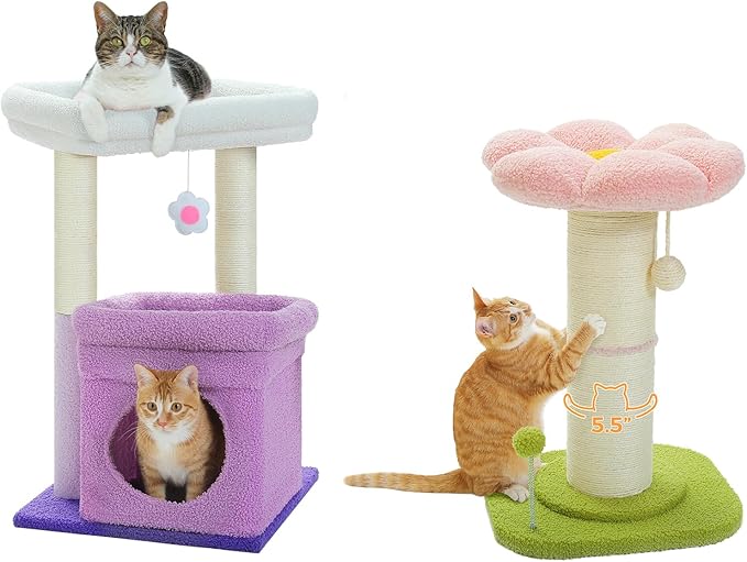 PEQULTI Cat Tree Flower Cat Tower for Indoor Cats and PEQULTI Flower Cat Scratching Post, Small Cat Tree, Tall Cat Scratcher