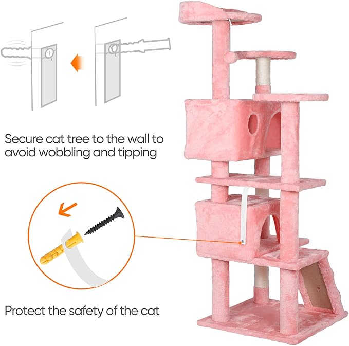 Multi-Level Cat Tree Tower with Condos, 54" Tall Cat Activity Center with Plush Perches and Toys, Space Saving Pet Playhouse for Kittens and Cats (Pink)