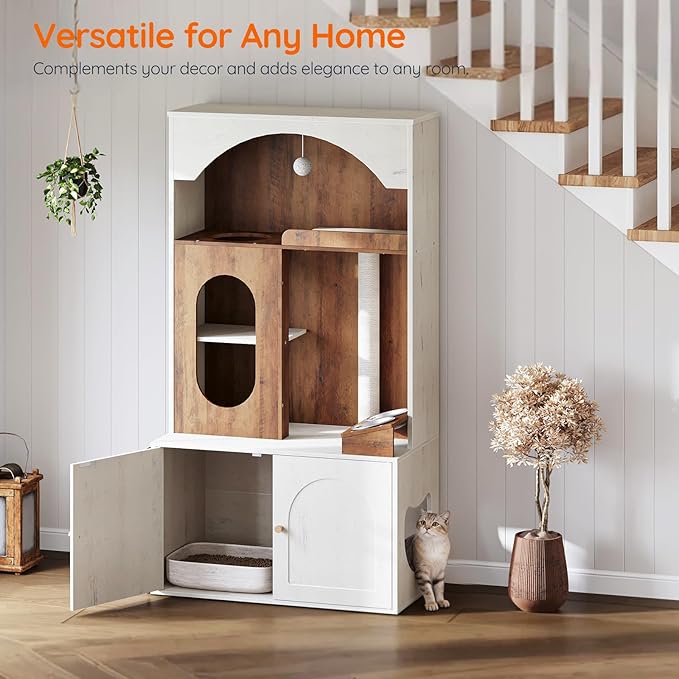 HOOBRO Cat Tree with Litter Box Enclosure, 58.7"H Hidden Cat Litter Enclosure Furniture, All-in-One Modern Cat Tree with Food Bowl, Sisal Scratching Post, and Dangling Ball, White and Walnut WH82MZ03