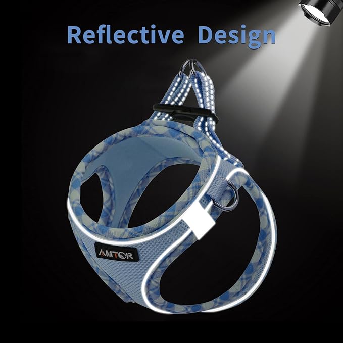 AMTOR Small Dog Harness with Leash Set, No Escape Easy Walk Puppy Harnesses for Training Walking, Step-in Reflective Soft Dogs Vest for XS S Medium Extra-Small Large Sized Dog(L Size,Blue/White)