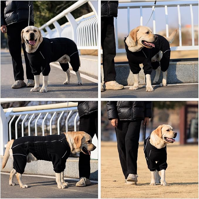 Lovelonglong Warm Dog Coat, Windproof Dog Jacket for Small Medium Large Dogs, 4 Legged Fleece Dog Winter Coat Zippered Closure Dog Outdoor Jacket Black S