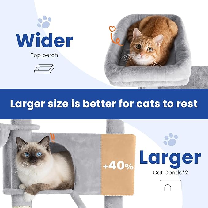 Cat Tree 82 in Multi-Level Cat Tower for Indoor Cats, Heavy Duty Large Cat Tree with Sisal Scratching Posts, Hammock, 2 Perches, 2 Condos, 2 Hanging Baskets, Light Grey