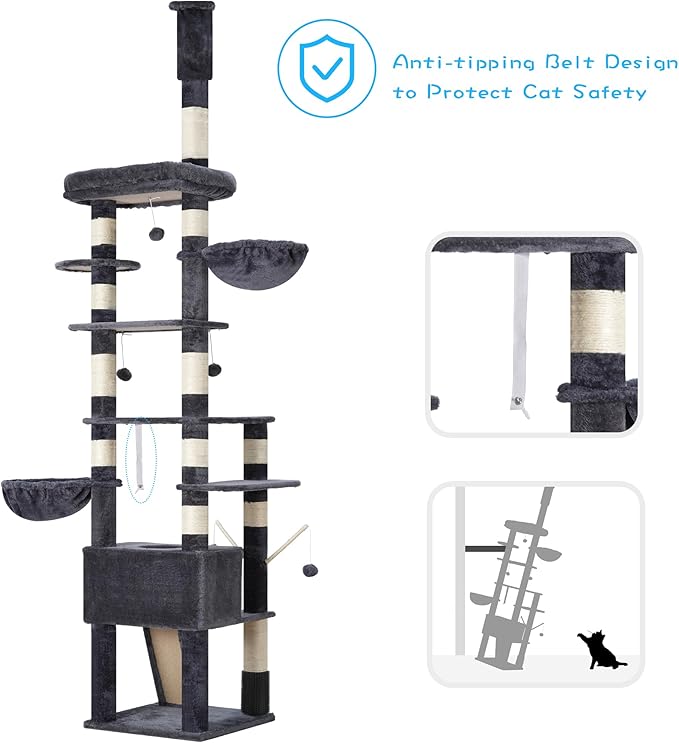 Hey-brother Cat Tree, 98.4-110.2 Inches Floor to Ceiling Cat Tree-Adjustable Height, Tall Cat Climbing Tower for Cats Large Adult with Scratching Post, Cat cando, Smoky Gray 0MPJ091G