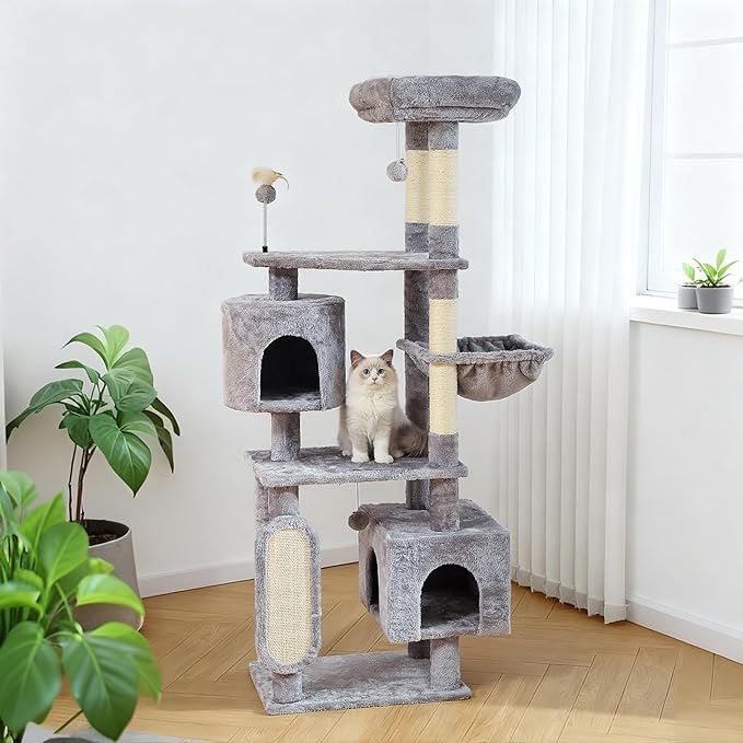 Hoopet 70-Inch Large Cat Tree for Multiple Cats Cat Tower with 2 Condos, Scratching Posts, Hammock & Platform, Plush Perch for Indoor Activity Relaxing Easy Assembly Grey