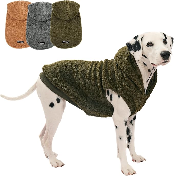 Tuff Pupper Fleece Dog Hoodie Sweater | Teddy Sherpa Outer & Soft Polar Fleece Lining | Adjustable Fit Winter Coat with Hood, Leash Hole, Ribbed Cuffs | for Small Medium Large XL XXL Dogs (Olive, L)