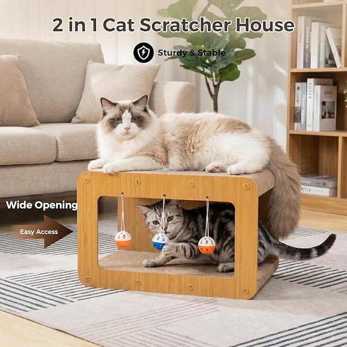 Avont Cat Scratcher House, 2-in-1 Scratch Cardboard & Scratching Pad for Indoor Cats, Double-Layer Scratch Box and Corrugated Board for Kitty -Straight