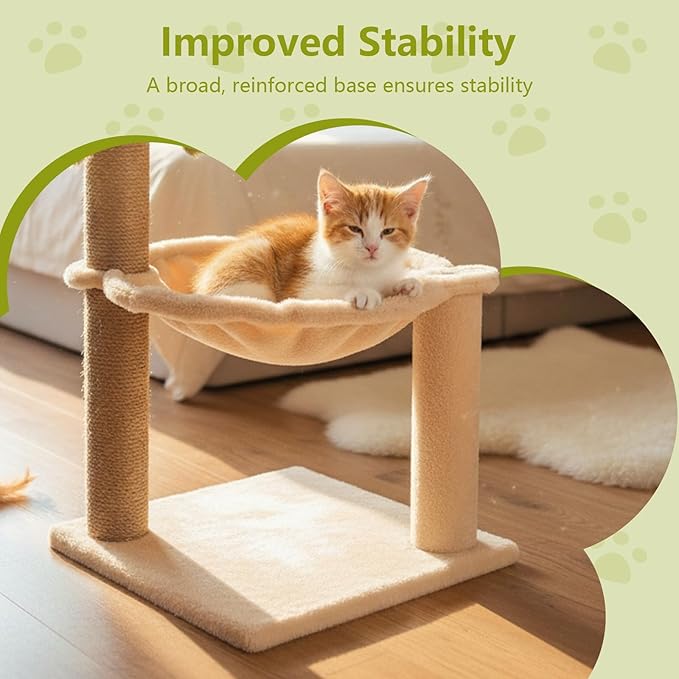Simcat Kitten Tree with Plush Perch, Soft Hammock,and Paper Rope Scratching Posts, Stable Cat Stand，Durable Scratch Posts for Indoor Small Cats, 12.2 x 12.2 x 21.65 Inches, Beige