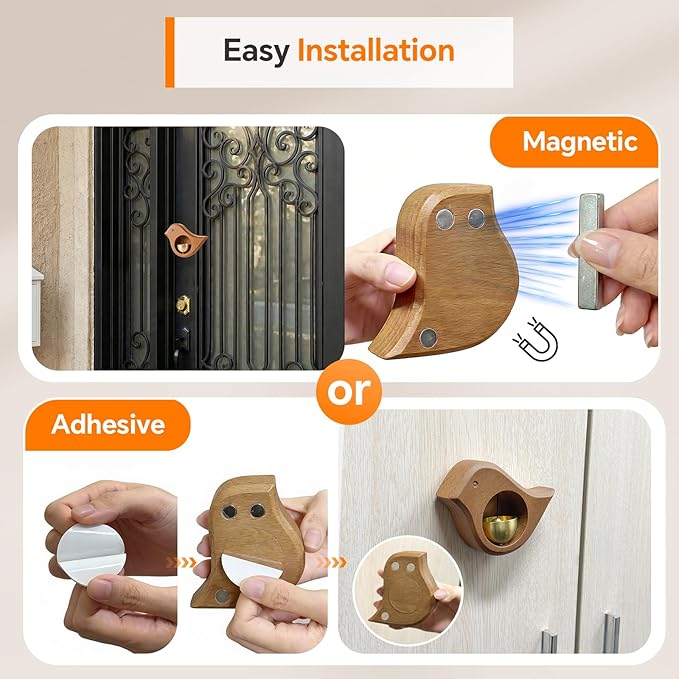 Bird Shape Shopkeepers Bell for Door Opening – Magnetic Wooden Door Chime & Brass Wind Bell for Business Entrance, Home Decor – Cute Bird Alert for Fridge, Porch, Barn Door No Battery