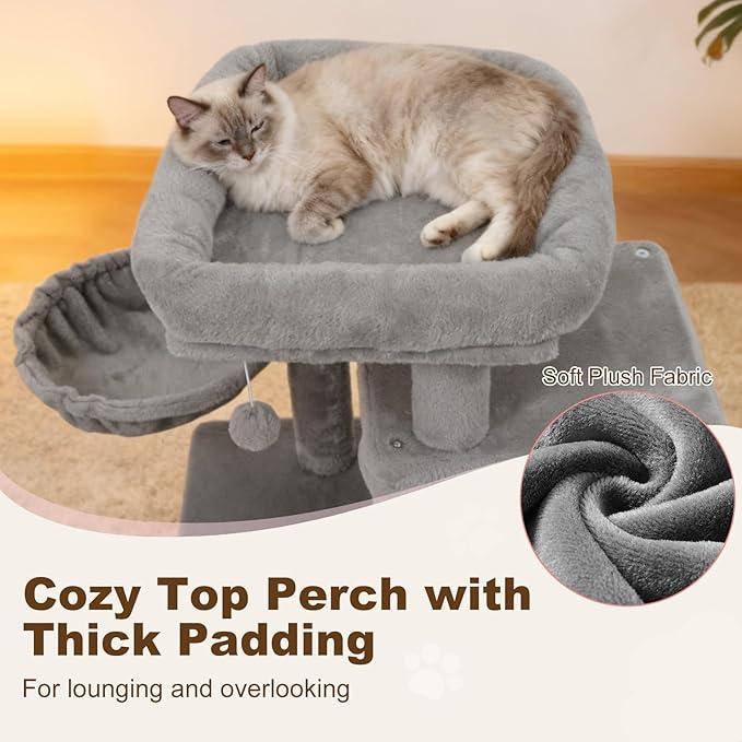Tangkula Cat Tree Tower, 33.5 Inch Cute Cat Tower with 2-Tier Large Condo, Sisal Scratching Posts, Padded Top Perch, Dangling Toy, Rotatable Cozy Basket, Cat Climbing Furniture (Light Gray)
