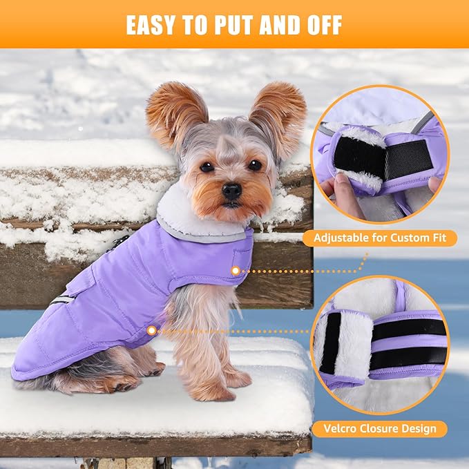 iBuddy Dog Winter Coat for Extra Small Dogs, Easy on XS Dog Snow Jacket Velcro Waterproof Pet Puffer Clothes with Harness Hole Adjustable Reflective Quilted Dog Cold Weather Vest for Girl 8-12 Pounds
