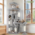 Globlazer Extra Large Platform Cat Tree, 65in Sturdy Cat Tree for Indoor Cats Large Adult, Big Cat Tower for Big Cats with 3 Enlarged Perches, 6 Scratching Posts, Cat Condo, Hammock, S65, Light Grey