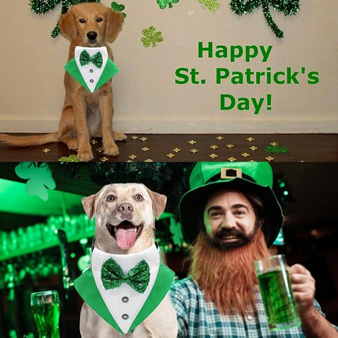 St.Patrick's Day Dog Tuxedo Bandanas Costume Pet Green Irish Outfits Adjustable Saint Patrick's Day Dog Scarf Bow Tie Collar for Large Dogs Cats Cosplay Party Dress Doggie Bibs (Grenn, Medium)