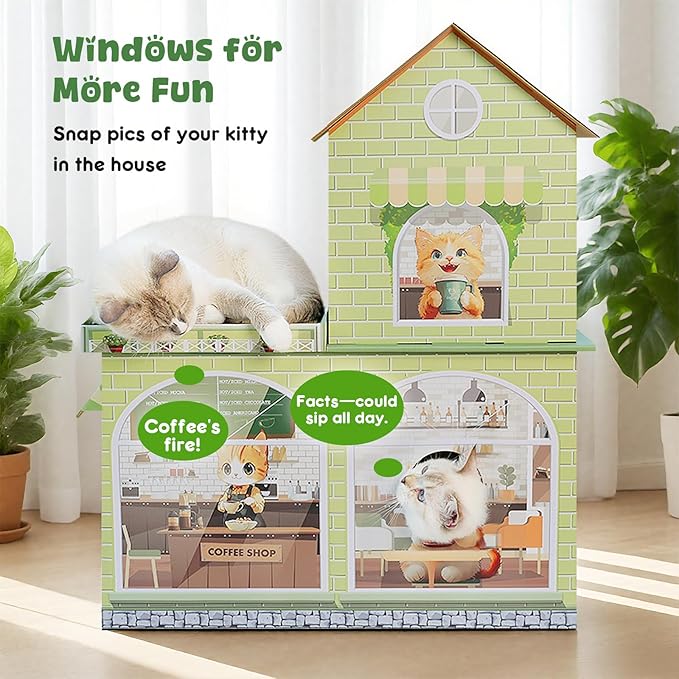 Cardboard Cat Houses for Indoor Cats - Kitten Scratcher Houses & Condos, Cafe Themed Hut Hideout Play House Bed with Scratching Pads, Scratch Box for Large Kitty Rabbit Bunny Small Animals